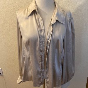 Silk, tan, button down long sleeve shirt